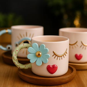 Tasse Handgefertigte Tasse aus Porzellan mit Blumen & Augendetails