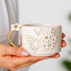 Tasse Handgemachte Keramik Schmetterling Detail Porzellan