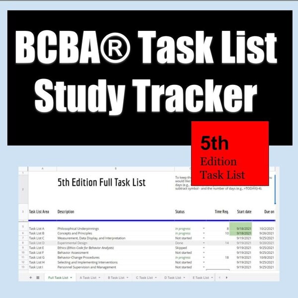 BCBA Study Planner and Organizer| 5th Edition Task List | Individual Task List Tabs | Drop Down Status | Projected Study Hours |