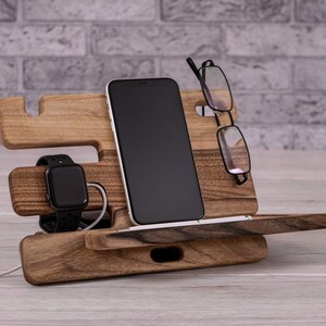 Personalized wooden docking station || iWatch docking station, Walnut wood iPhone station, multi device organizer for men, iphone stand wood