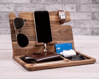 Wooden men organizer || Personalized docking station, Custom phone stand, Initials Dock Station, Wood nightstand organizer, Gift for Dad