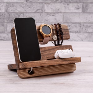 Personalized unisex organizer | Custom Desk Organizer, wood phone stand, Dock Station, cell phone holder, anniversary gift for him