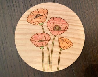 Wood Coasters with Poppy Design | Wooden Floral Design Coasters