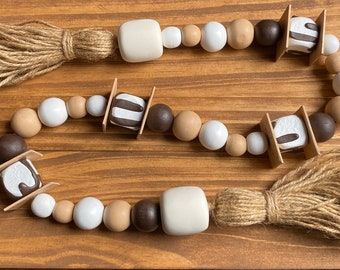 S’Mores Garland | Summer Tiered Tray Decor | Smores Station | Wood Bead Garland | Coffee Station | Fake Marshmallows | Coffee Decor