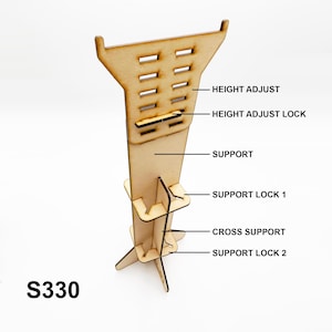 May include: A wooden stand with adjustable height, a support lock, and a cross support. The stand is labeled "S330".