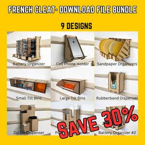 BUNDLE PACK, all my French Cleat digital files for Laser or CNC, Glowforge, tool organizer, workbench organizer, battery holders and more