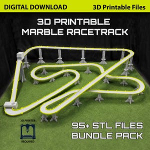 May include: A 3D printable marble racetrack with a white track and yellow accents, supported by grey pillars. The image includes the text "3D PRINTABLE MARBLE RACETRACK" and "95+ STL FILES BUNDLE PACK". A 3D printer is required.