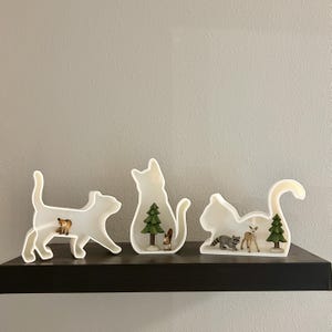 Puede incluir: Tres estanterías decorativas blancas con forma de gato con escenas de bosque en su interior. Cada estantería presenta una escena diferente con un zorro, una ardilla, un mapache, un ciervo y árboles. Las estanterías se exhiben en una estantería negra contra una pared gris.