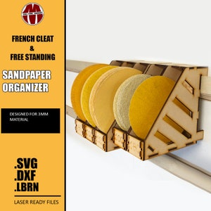 Sandpaper Organizers for 5" and 6" disc pads, digital files for Laser or CNC, Glowforge, tool organizer French cleat workbench dispenser
