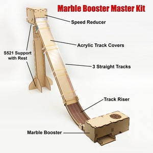 May include: A wooden marble booster kit with a track, speed reducer, track riser, and three straight tracks. The kit also includes acrylic track covers and a support with a rest.