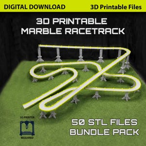 May include: A 3D printable marble racetrack featuring grey tracks with bright yellow edges, supported by grey structural pillars. The text reads: DIGITAL DOWNLOAD, 3D Printable Files, 3D PRINTABLE MARBLE RACETRACK, 50 STL FILES BUNDLE PACK.