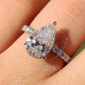 Pear Cut Lab Grown Diamond Engagement Ring, 14K Solid Gold Ring, Pave Setting Ring, Stackable Ring, CVD Diamond Ring, Proposal Ring For Her
