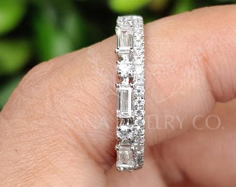 Baguette Cut Moissanite Wedding Band, 14K Solid White Gold Band, Two Row Band, Half Eternity Band, Stackable Band, Matching Band For Her