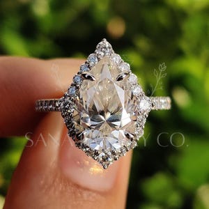 3 CT Pear Cut Moissanite Engagement Ring, 14K Solid White Gold Ring, Art Deco Ring, Vintage Halo Ring Promise Ring, Anniversary Gift For Her