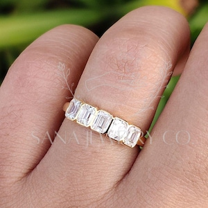 Emerald Cut Lab Grown Diamond Bezel Set Five Stone Engagement Ring, CVD Diamond 14K Solid Gold Wedding Ring For Women, Stacking Bezel Ring