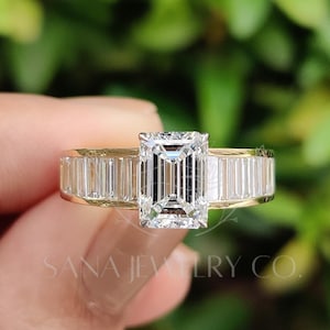 2.5 CT Emerald Cut Moissanite Engagement Ring, 14K Solid Gold Ring, Baguette Channel Set Ring, Comfort Fit Ring, Anniversary Gift For Her