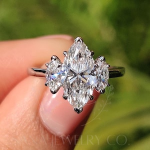 1.5 CT Marquise Cut Lab Grown Diamond Engagement Ring, 14K Solid White Gold Ring, IGI Certified Diamond Ring, Three Stone Ring, Trilogy Ring