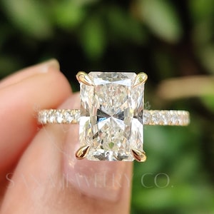3.5 CT Radiant Cut Moissanite Engagement Ring, 14K Solid Yellow Gold Ring, Hidden Halo Ring, Eternity Ring, Bridal Wedding Ring For Her