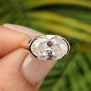 2.5 CT Oval Cut Lab Grown Diamond Engagement Ring, 14K Solid Yellow Gold Ring, East West Ring, Solitaire Ring, Half Bezel Setting Ring