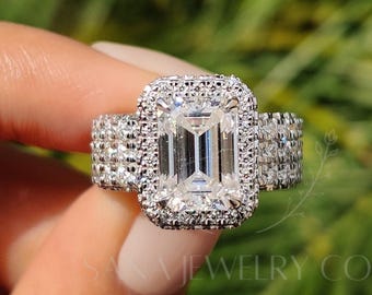 3 CT Emerald Cut Moissanite Halo Engagement Ring, 14K Solid Gold Ring, Hidden Halo Ring, Comfort Fit Ring, Handmade Jewelry, Gift For Her