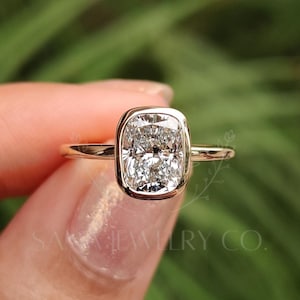 1.50 CT Cushion Cut Lab Grown Diamond Engagement Ring, 14K Solid Yellow Gold Ring, Bezel Setting Ring, Solitaire Ring, Minimalist Ring