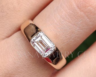 East West Ring, 1.25 CT Emerald Cut Lab Grown Diamond Engagement Ring, 14K Solid Gold Bezel Setting Ring, Solitaire Ring, Comfort Fit Ring