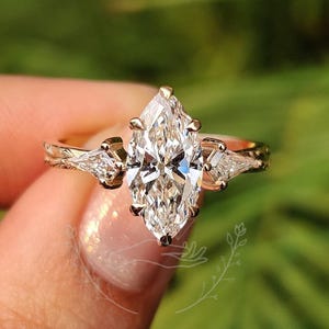 1.5 CT Marquise Cut Lab Grown Diamond Engagement Ring, 14K Solid Yellow Gold Ring, Three Stone Ring, Trilogy Ring, Vintage Style Band Ring