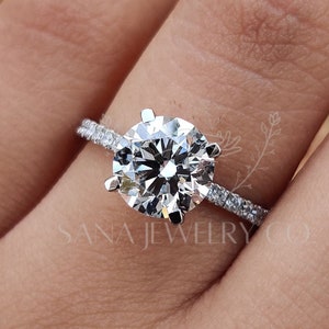 2 CT Round Cut Moissanite Engagement Ring, 14K Solid White Gold Ring, Pave Setting Ring, Half Eternity Ring, Proposal Ring, Gift For Her