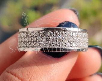 Round Cut Moissanite Wedding Band, 14K Solid White Gold Band, Men's Engagement Band, Channel Setting Band, Three Row Band, Gift For Him