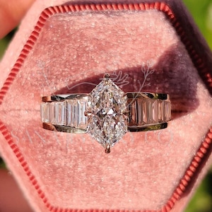 1.8 Ct Dutch Marquise Moissanite Engagement Ring, Channel Set Ring, Unique 14K Solid Gold Ring, Stackable Ring Promise Ring Anniversary Gift