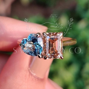 Toi Et Moi Ring, Aquamarine Heart And Champagne Emerald Cut Ring, 14K Solid Gold Ring, Birthstone Ring, Two Stone Ring, Anniversary Gift