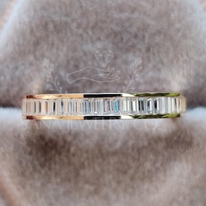 Channel Set Wedding Band, Baguette Bridal Band, Channel Set Wedding Ring, Hald Eternity Band, 14K Solid Gold Band, Moissanite Bridal Band