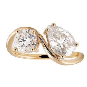 Toi Et Moi Ring, Round And Pear Cut Moissanite Engagement Ring, 14K Solid Yellow Gold Ring, Two Stone Ring, Curved Band Ring, Stackable Ring