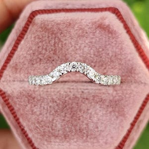 0,47 CT rond geslepen laboratoriumdiamanten trouwring, 14K massief witgouden band, V-vorm band, bijpassende gebogen band, stapelbare band, bruidsset