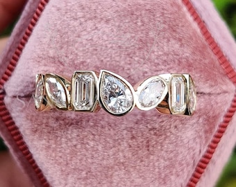 Multi shape Diamond Band, Moissanite Diamond Band, Bezel Set Wedding Band, Bridal Set Matching Band, Stackable Band, Full Eternity Band