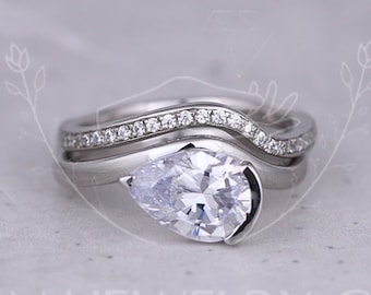 2.25 Ct Pear Cut Moissanite Engagement Ring Set Stackable Bridal Wedding Ring Set Half Bezel Ring 14K Yellow Gold Ring Set Anniversary Ring