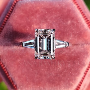 2 CT Emerald Cut Lab Grown Diamond Engagement Ring, 14K Solid Gold Ring, Three Stone Ring, Trio Ring, Bridal Set Ring, Anniversary Gift