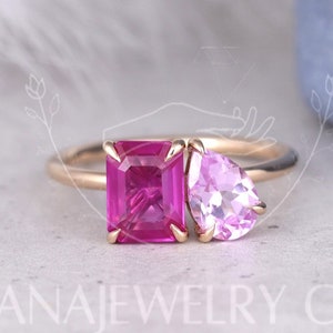 Toi Et Moi Ring, Pear And Emerald Pink Ruby Diamond Engagement Ring, 14K Solid Gold Ring, Two Stone Ring, Birthstone Ring, You And Me Ring