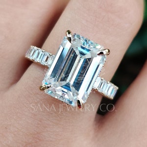 8.5 CT Emerald Cut Moissanite Engagement Ring, 14K Solid White Gold Ring, Full Eternity Ring, Hidden Halo Ring, Proposal Ring Gift For Her
