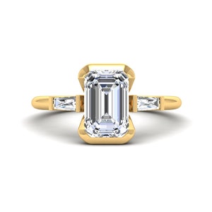 2 Ct Emerald Cut Moissanite Engagement Ring, 14K Solid Gold Ring, Trendy Half Bezel Ring, Three Stone Ring, Dainty Ring, Handmade Jewelry