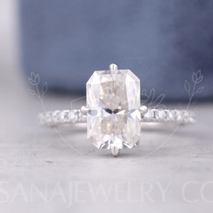 2.2 CT Radiant Cut Moissanite Engagement Ring, 14K Solid White Gold Ring, Hidden Halo Ring, Compass Prong Ring, Stackable Ring For Women