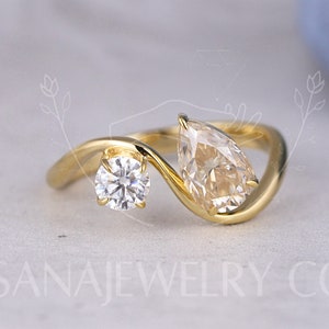 Toi Et Moi Ring Moissanite Engagement Ring Pear Cut Champagne Moissanite Ring Gift For Her 14K Solid Yellow Gold Ring For Women Promise Ring