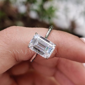 Anillo de compromiso con diamante cultivado en laboratorio y esmeralda de 1 quilates, anillo de oro blanco macizo de 14 quilates, anillo de diamante CVD, anillo solitario, anillo de promesa, regalo de aniversario