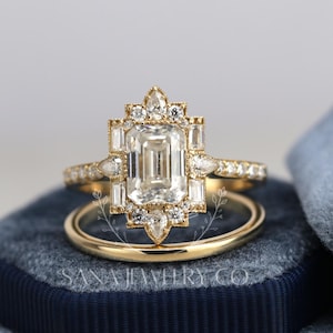 Conjunto de anillo de compromiso con moissanita talla esmeralda de 1,75 ct, conjunto de anillo de plata de ley 925, conjunto de anillo mosaico, conjunto de anillo halo, conjunto de anillo de boda para ella