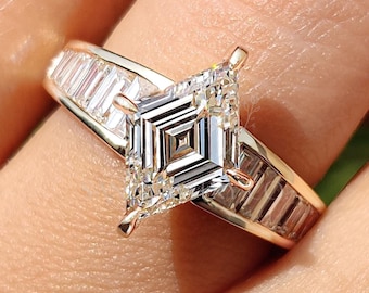 Lozenge Cut Lab Grown Diamond Engagement Ring, 14K Solid Gold Ring, Channel Setting Pave Ring, Proposal Ring, Wedding Ring, CVD Diamond Ring