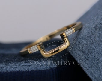 Delicate Baguette Moissanite Wedding Band, Stackable Band, 14K Solid Gold Band, Open Band, Curved Band, Matching Band For Emerald Ring