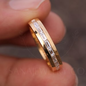 Baguette Cut Moissanite Wedding Band, 14K Solid Yellow Gold Band, Channel Set Band, Comfort Fit Band, Half Eternity Band, Stackable Band