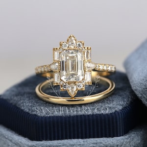 Vintage 14K Gold Emerald Cut Moissanite Engagement Ring Set, Art Deco Mosaic