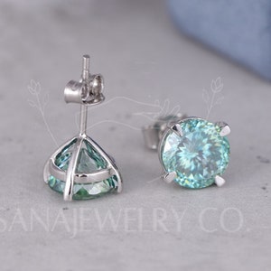 Round Portuguese Cut Green Moissanite Stud Earrings, Stylish Moissanite Studs, 14K Gold / 925 Silver Stud Earring, Anniversary Gift For Wife