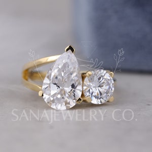 Toi Et Moi Ring, 3 CT Pear And Round Cut Moissanite Engagement Ring, 14K Solid Gold Wedding Ring, Two Stone Ring, Anniversary Gift For Her